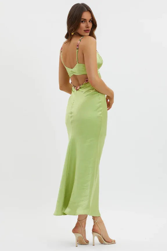 Deep V Neck Cut-Out Floral Trim Matcha Midi Evening Dress Party Dress
