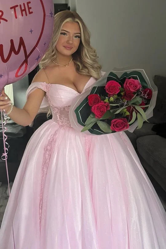 Deep V Neck Pink Off-Shoulder Appliques Pleated Tulle Long Prom Gown