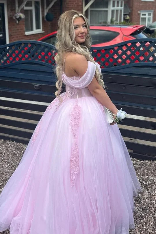 Deep V Neck Pink Off-Shoulder Appliques Pleated Tulle Long Prom Gown