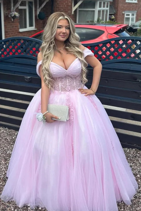 Deep V Neck Pink Off-Shoulder Appliques Pleated Tulle Long Prom Gown