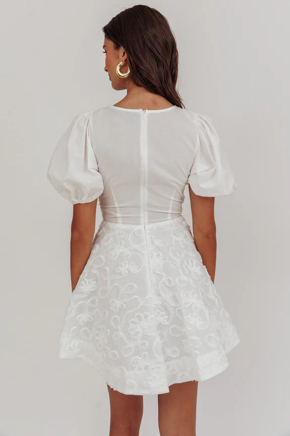 Deep V Neck Puff Sleeve White Mini Homecoming Dress With Applique