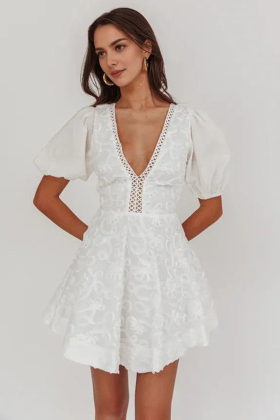 Deep V Neck Puff Sleeve White Mini Homecoming Dress With Applique