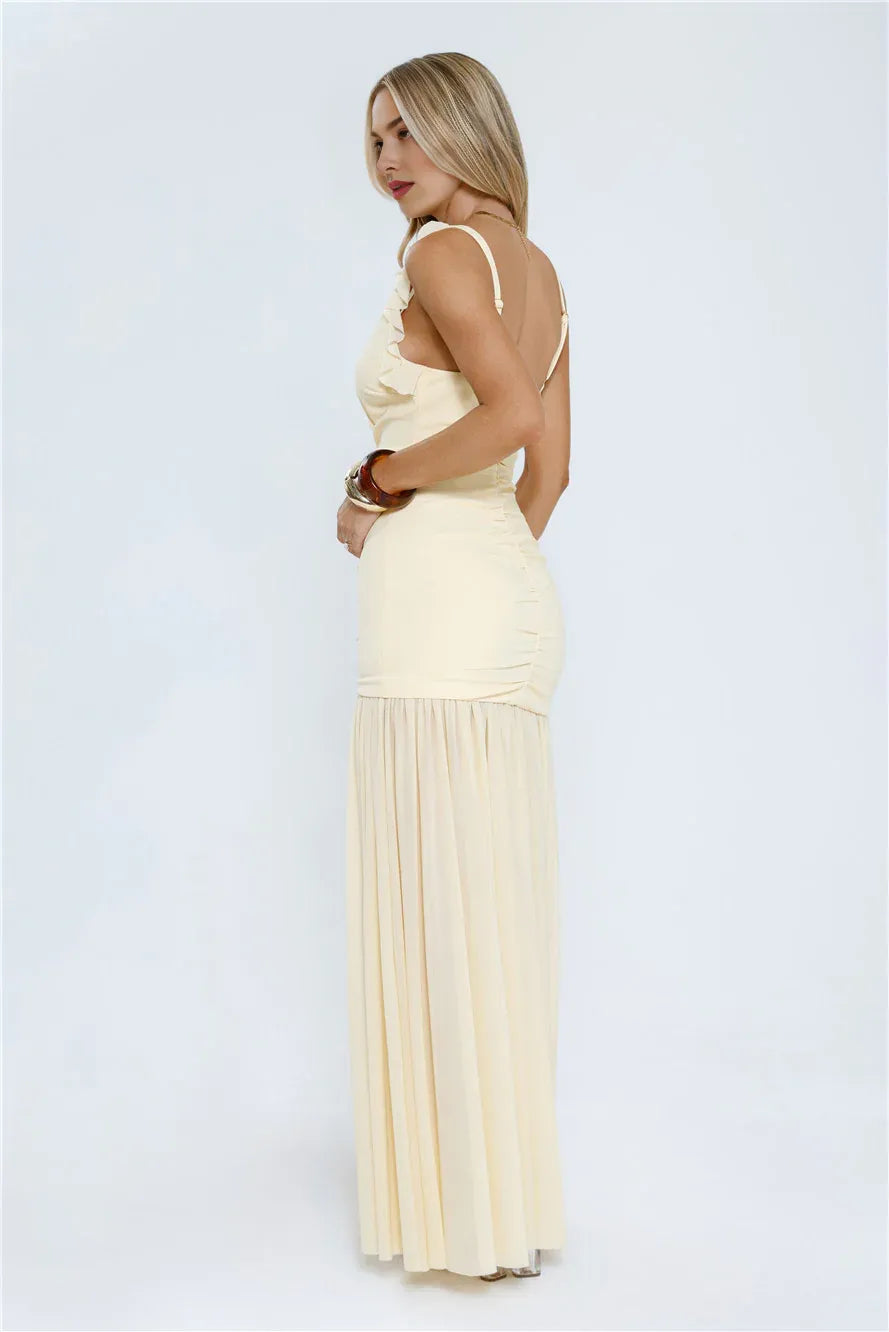 Mermaid Deep V Neck Ruffle Pleated Yellow Maxi Prom Dress With Sheer Hem For Lady