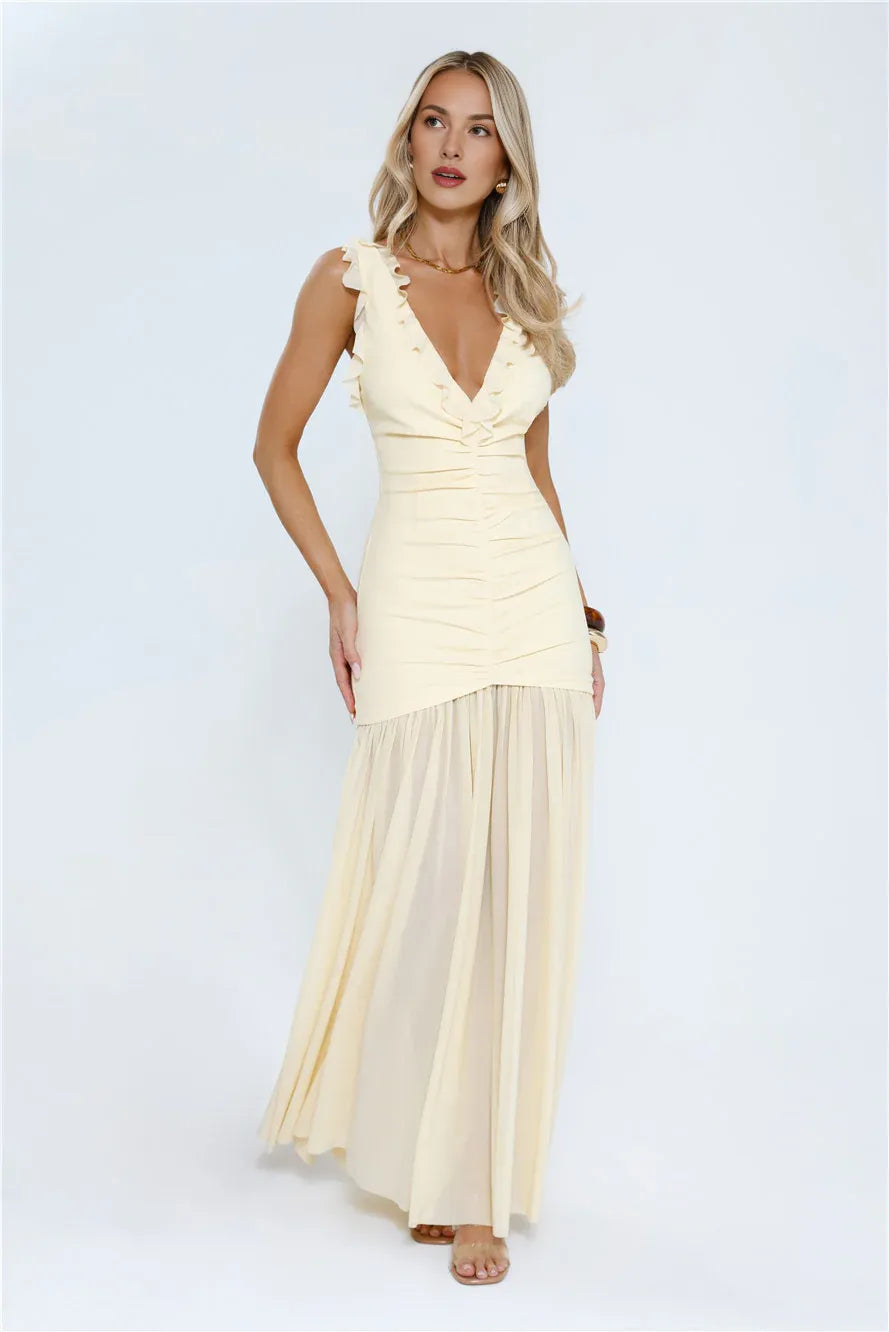 Mermaid Deep V Neck Ruffle Pleated Yellow Maxi Prom Dress With Sheer Hem For Lady