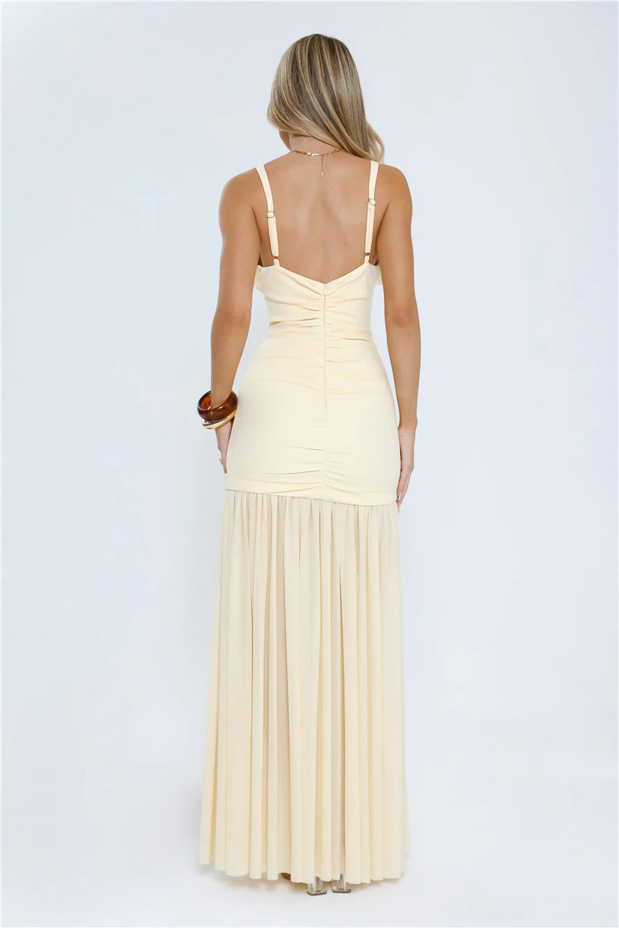 Mermaid Deep V Neck Ruffle Pleated Yellow Maxi Prom Dress With Sheer Hem For Lady