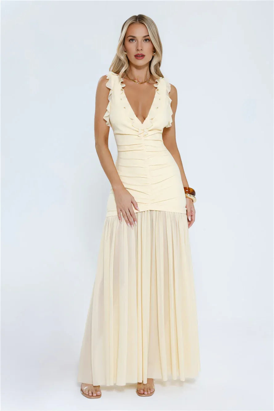 Mermaid Deep V Neck Ruffle Pleated Yellow Maxi Prom Dress With Sheer Hem For Lady
