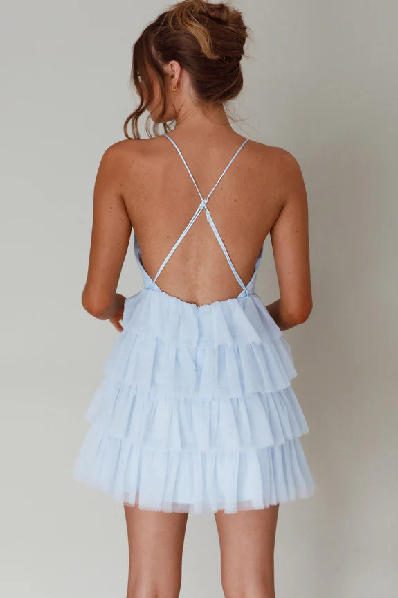 Deep V Neck Ruffle Tiered Frill Cross-strap Black Mini Homecoming Dress