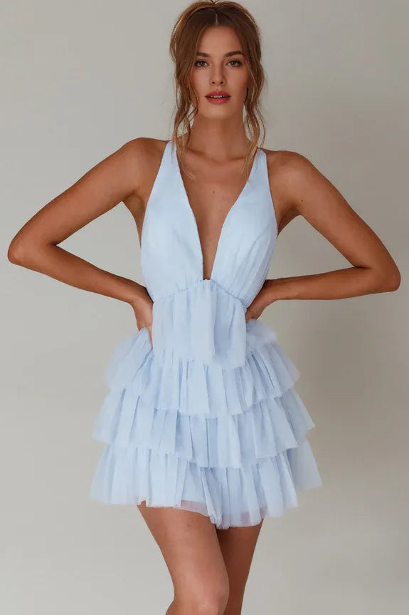 Deep V Neck Ruffle Tiered Frill Cross-strap Black Mini Homecoming Dress