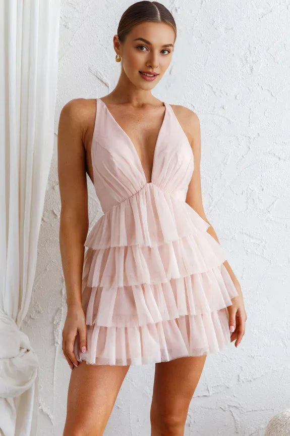 Deep V Neck Ruffle Tiered Frill Cross-strap Black Mini Homecoming Dress