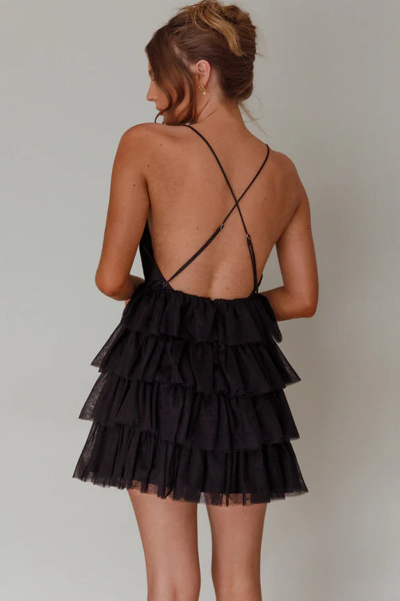 Deep V Neck Ruffle Tiered Frill Cross-strap Black Mini Homecoming Dress