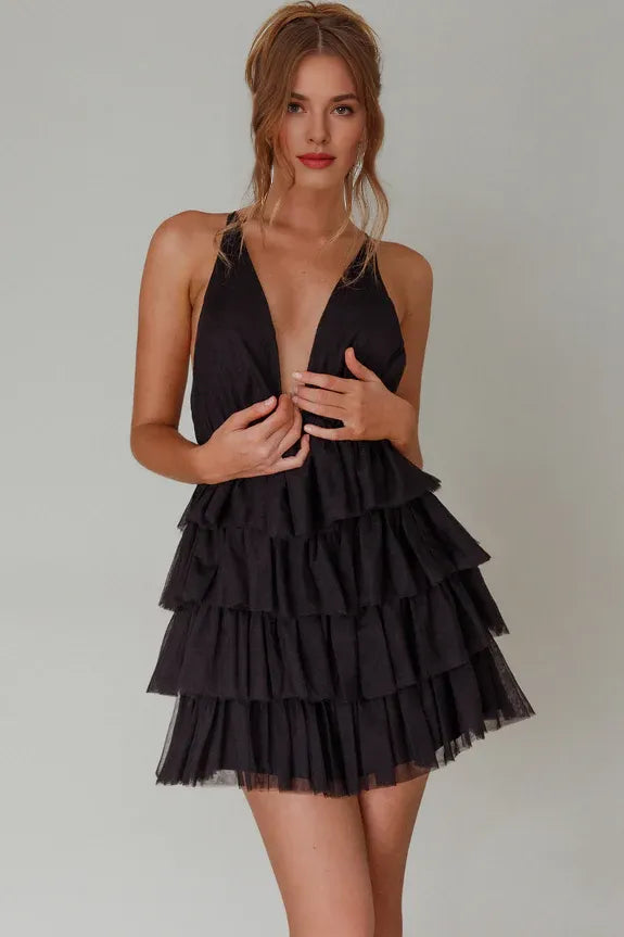 Deep V Neck Ruffle Tiered Frill Cross-strap Black Mini Homecoming Dress