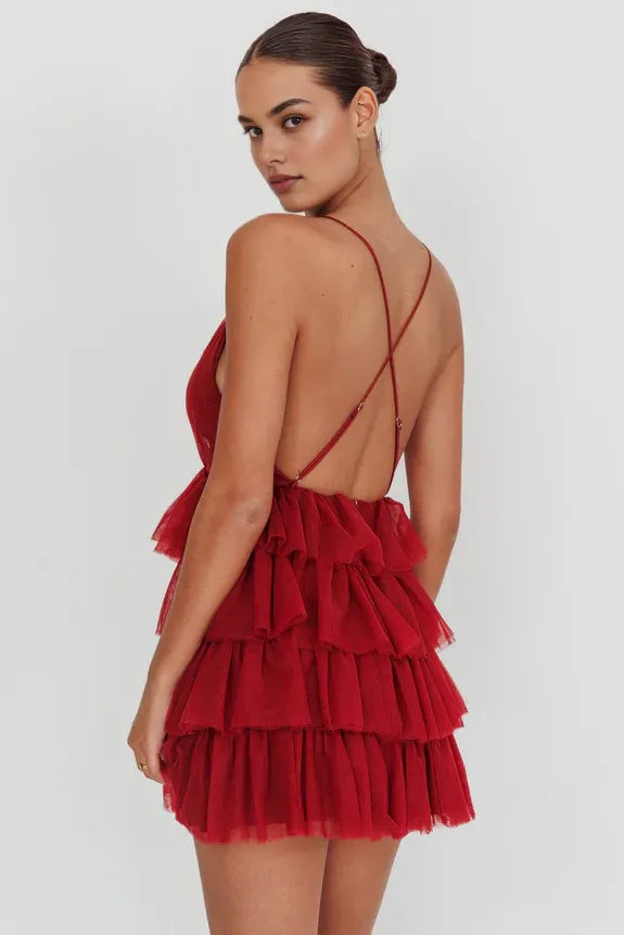 Deep V Neck Ruffle Tiered Frill Cross-strap Burgundy Mini Homecoming Dress