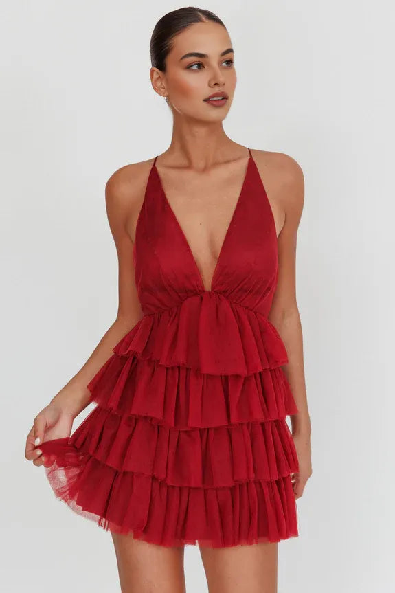 Deep V Neck Ruffle Tiered Frill Cross-strap Burgundy Mini Homecoming Dress
