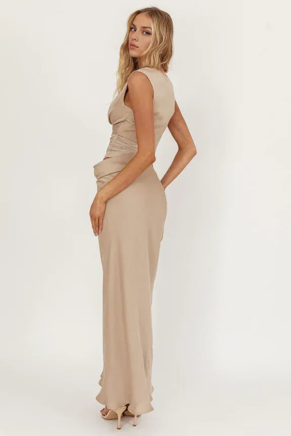 Deep V Neck Sheer Ruched Waist Ecru Maxi Evening Dress Party Dress