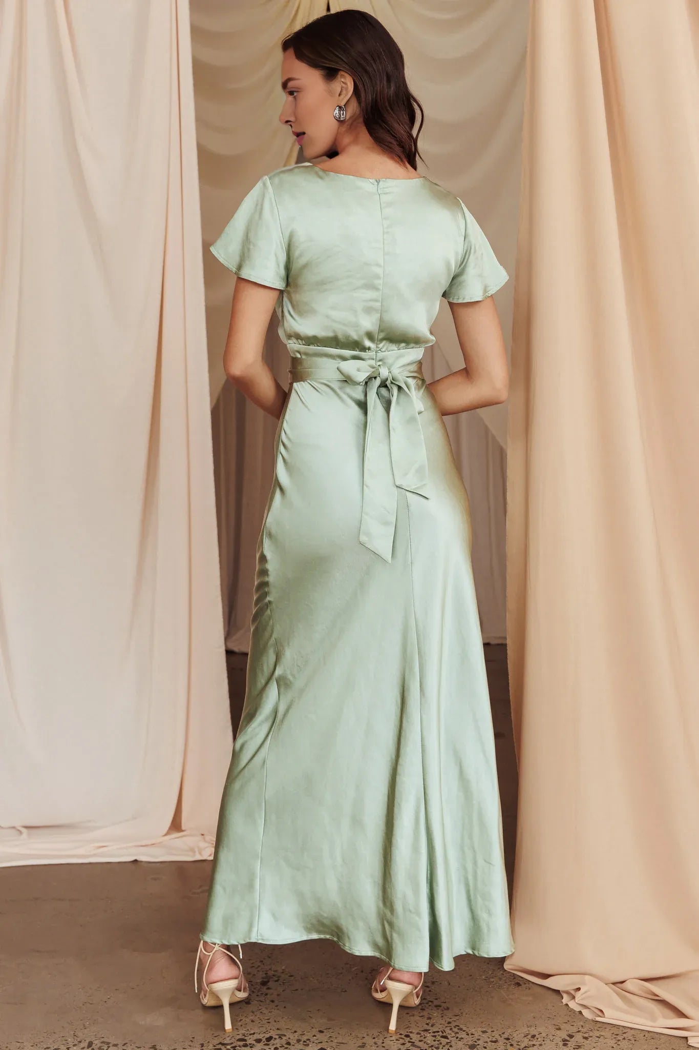 Deep V Neck Short Sleeve Twist Bust Tie Sage Maxi Evening Dress