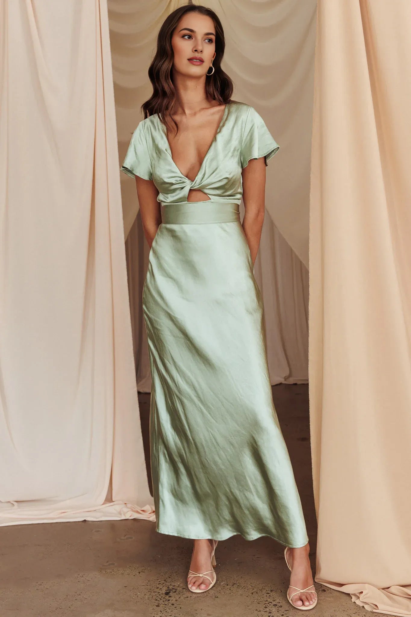 Deep V Neck Short Sleeve Twist Bust Tie Sage Maxi Evening Dress