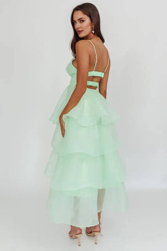 Deep V Neck Spaghetti Straps Tiered Ruffle Organza Mint Midi Evening Dress