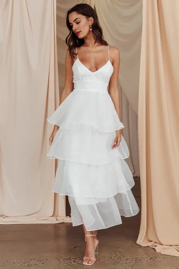 Deep V Neck Spaghetti Straps Tiered Ruffle White Midi Evening Dress