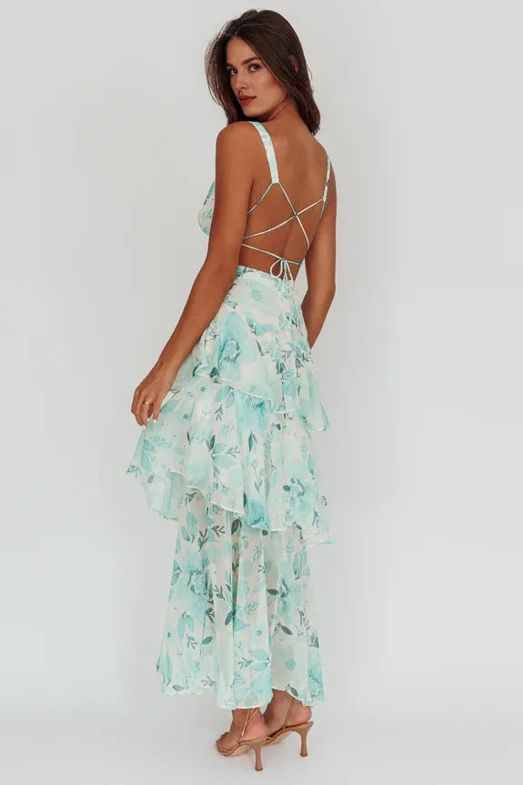 Deep V Neck Strappy Back Tiered Ruffle Floral Green Maxi Evening Dress