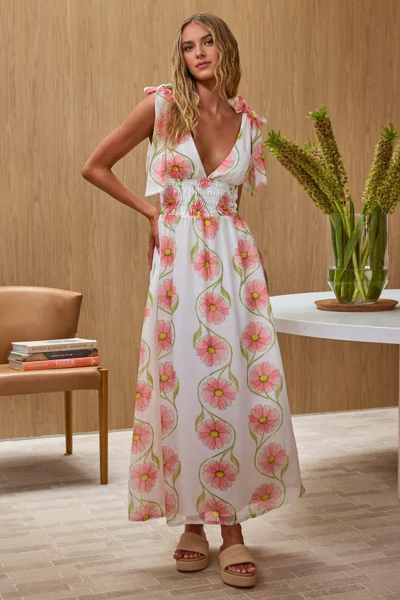 Deep V Neck Tie Shoulder Shirred Floral Pink Maxi Homecoming Dress Prom Dress