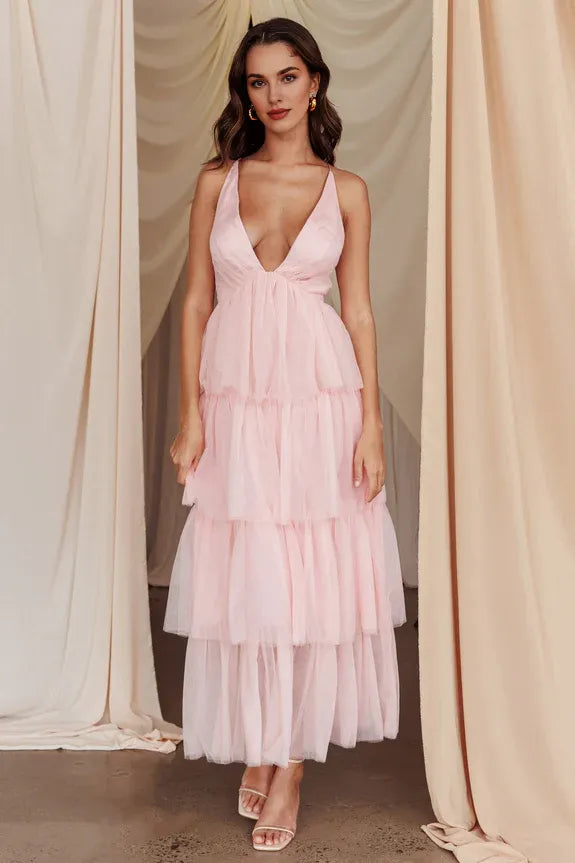Deep V Neck Tiered Frill Criss-cross Blush Midi Evening Dress Prom Dress