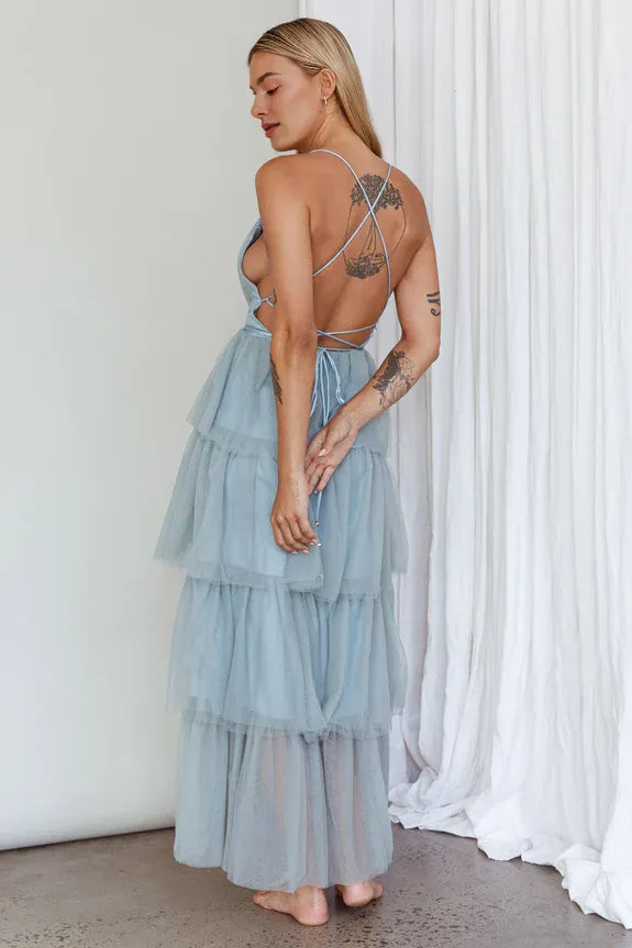 Deep V Neck Tiered Frill Criss-cross Sage Green Maxi Evening Dress Prom Dress