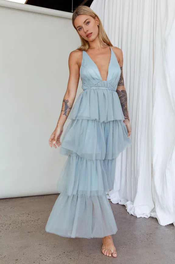 Deep V Neck Tiered Frill Criss-cross Sage Green Maxi Evening Dress Prom Dress