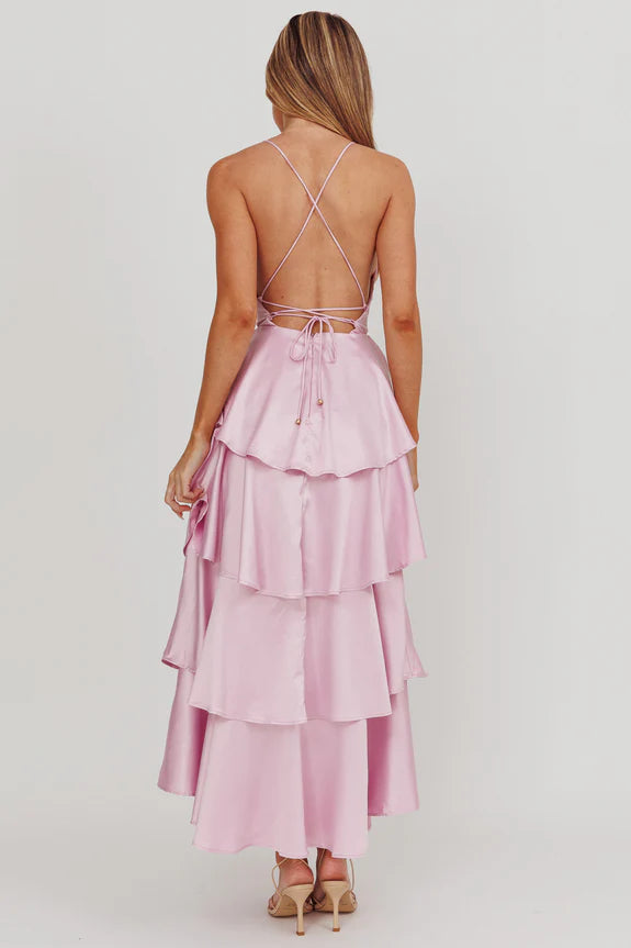 Deep V Neck Tiered Frill Strappy Back Satin Lilac Homecoming Dress Prom Dress