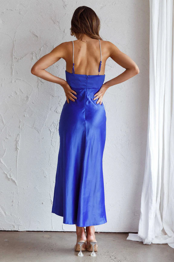 Diamante Strap V-wire Blue Midi Evening Dress With Slit Ready To Ship