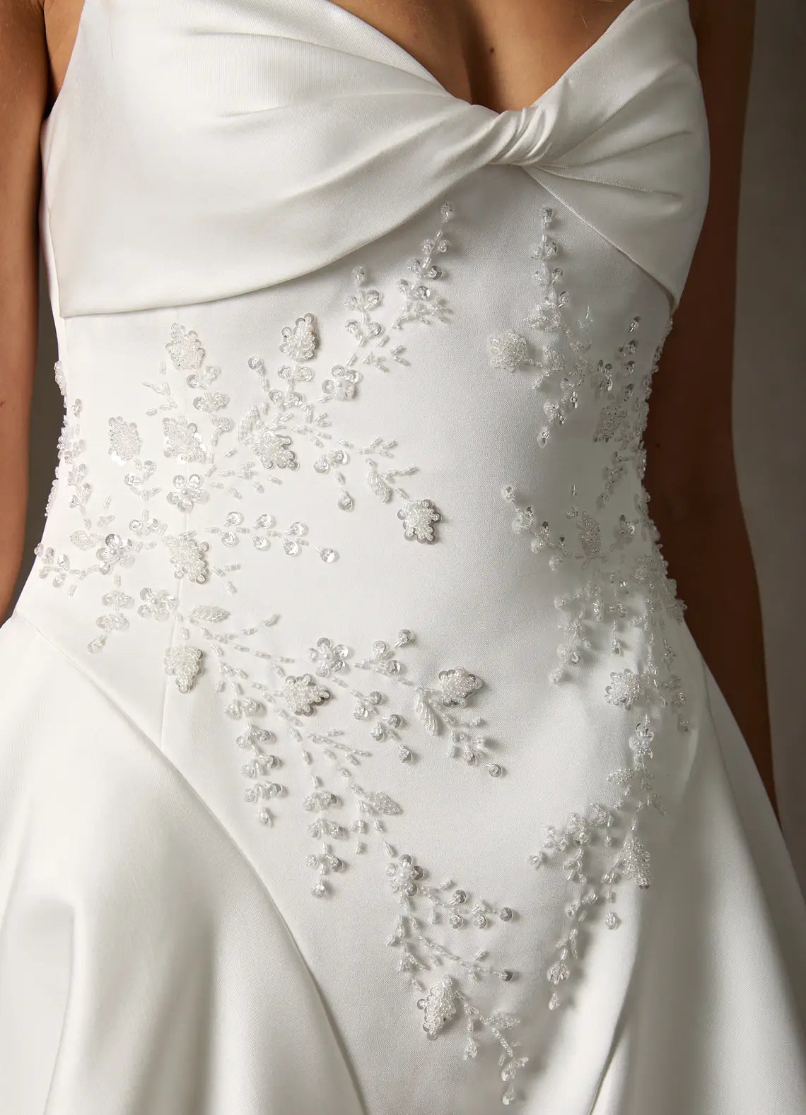 Diamond White V-Neck Spaghetti Straps Beaded Pleated A-Line Double Faced Satin Wedding Dress