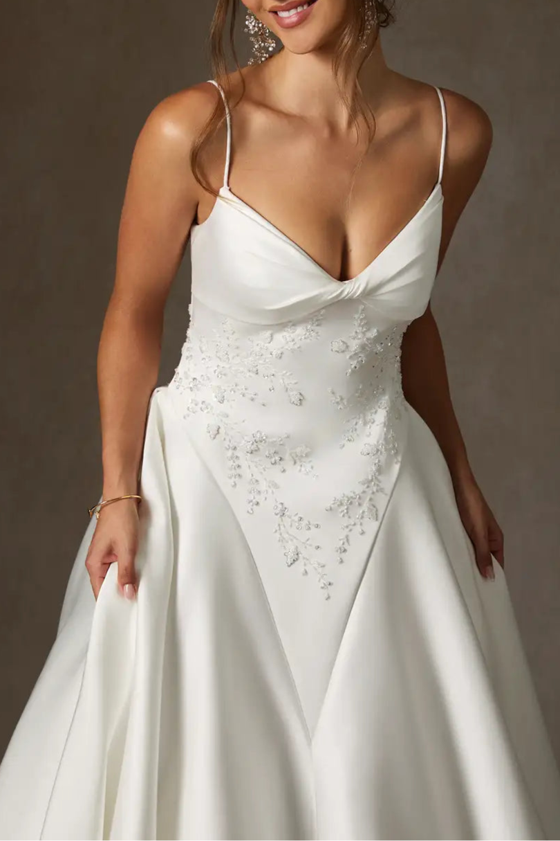 Diamond White V-Neck Spaghetti Straps Beaded Pleated A-Line Double Faced Satin Wedding Dress