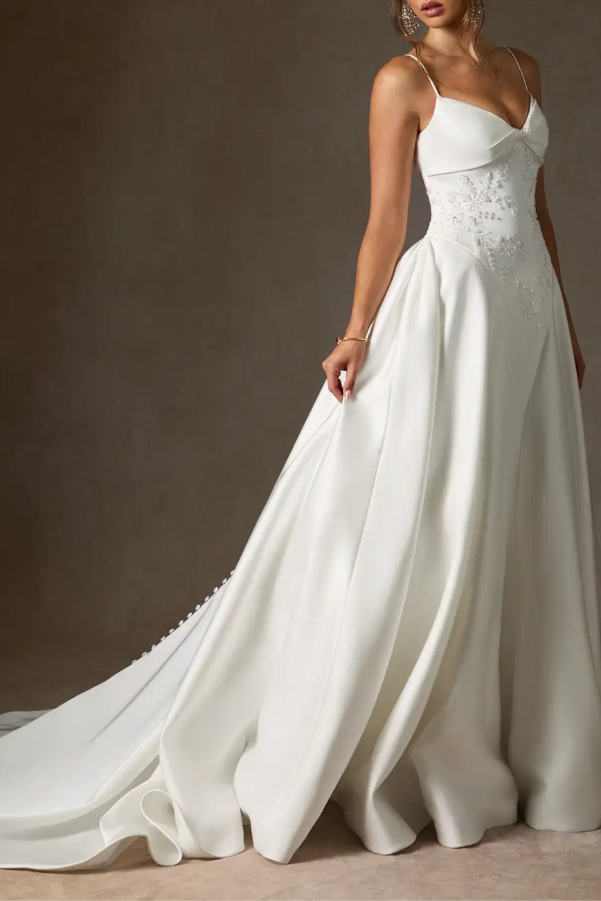 Diamond White V-Neck Spaghetti Straps Beaded Pleated A-Line Double Faced Satin Wedding Dress
