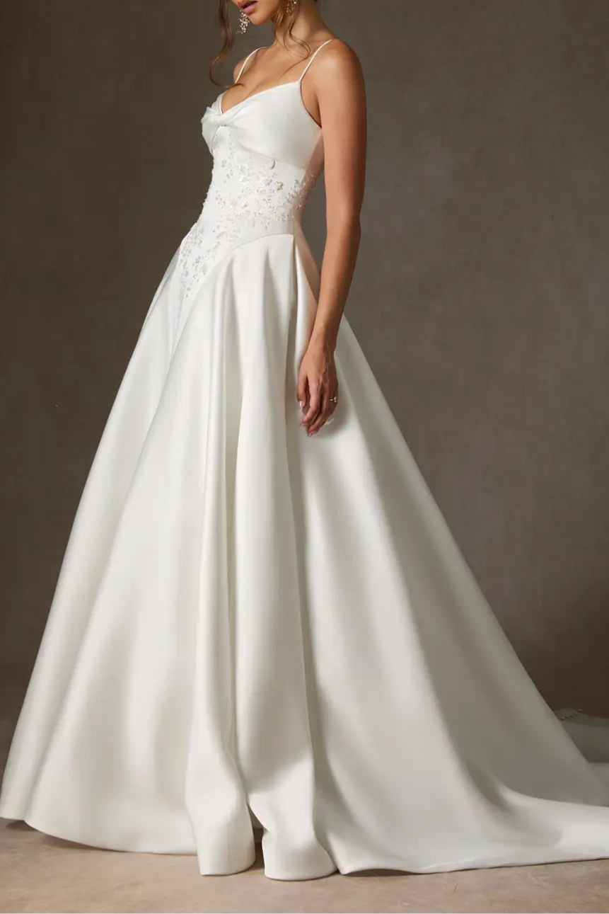 Diamond White V-Neck Spaghetti Straps Beaded Pleated A-Line Double Faced Satin Wedding Dress