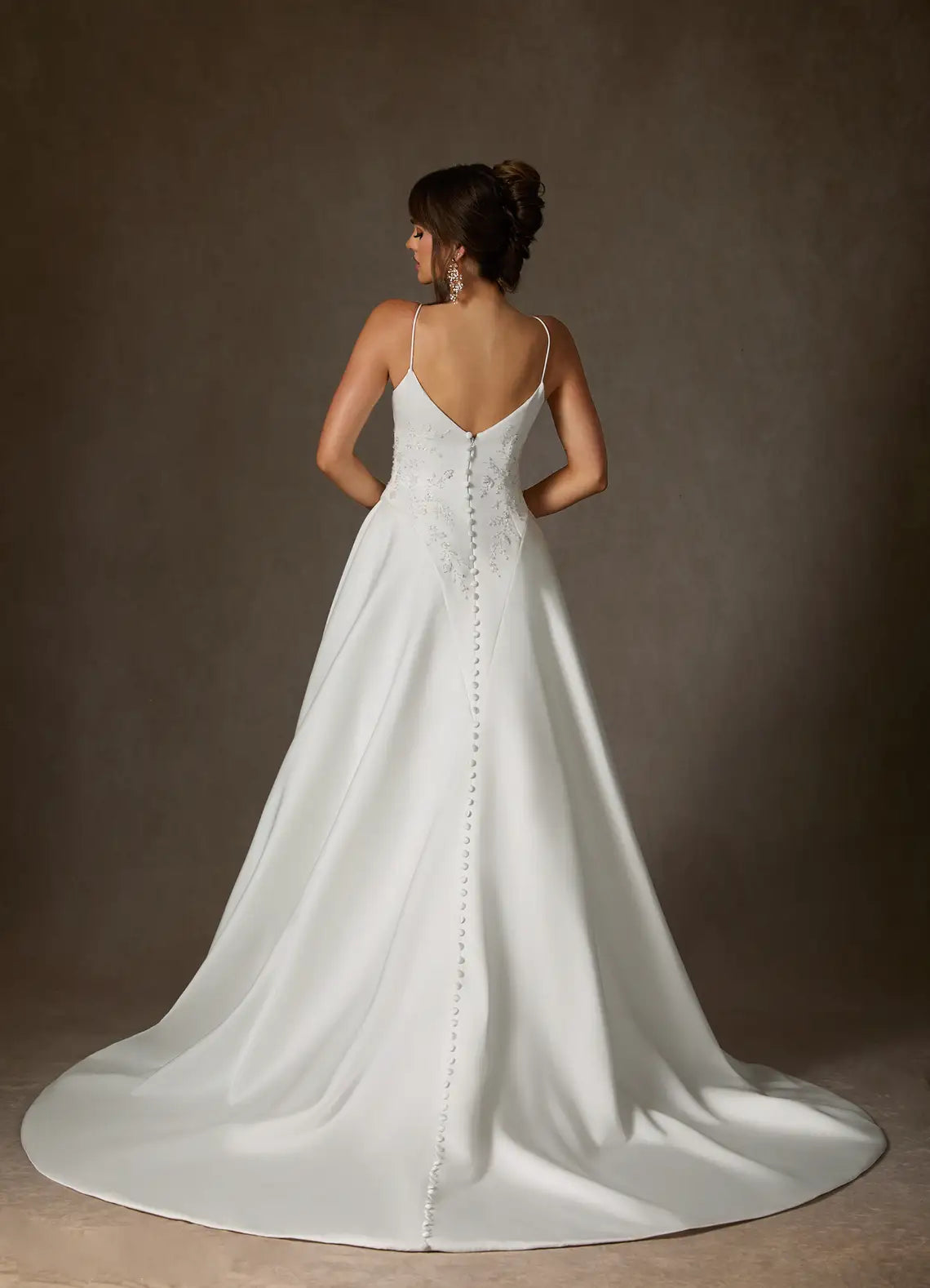 Diamond White V-Neck Spaghetti Straps Beaded Pleated A-Line Double Faced Satin Wedding Dress