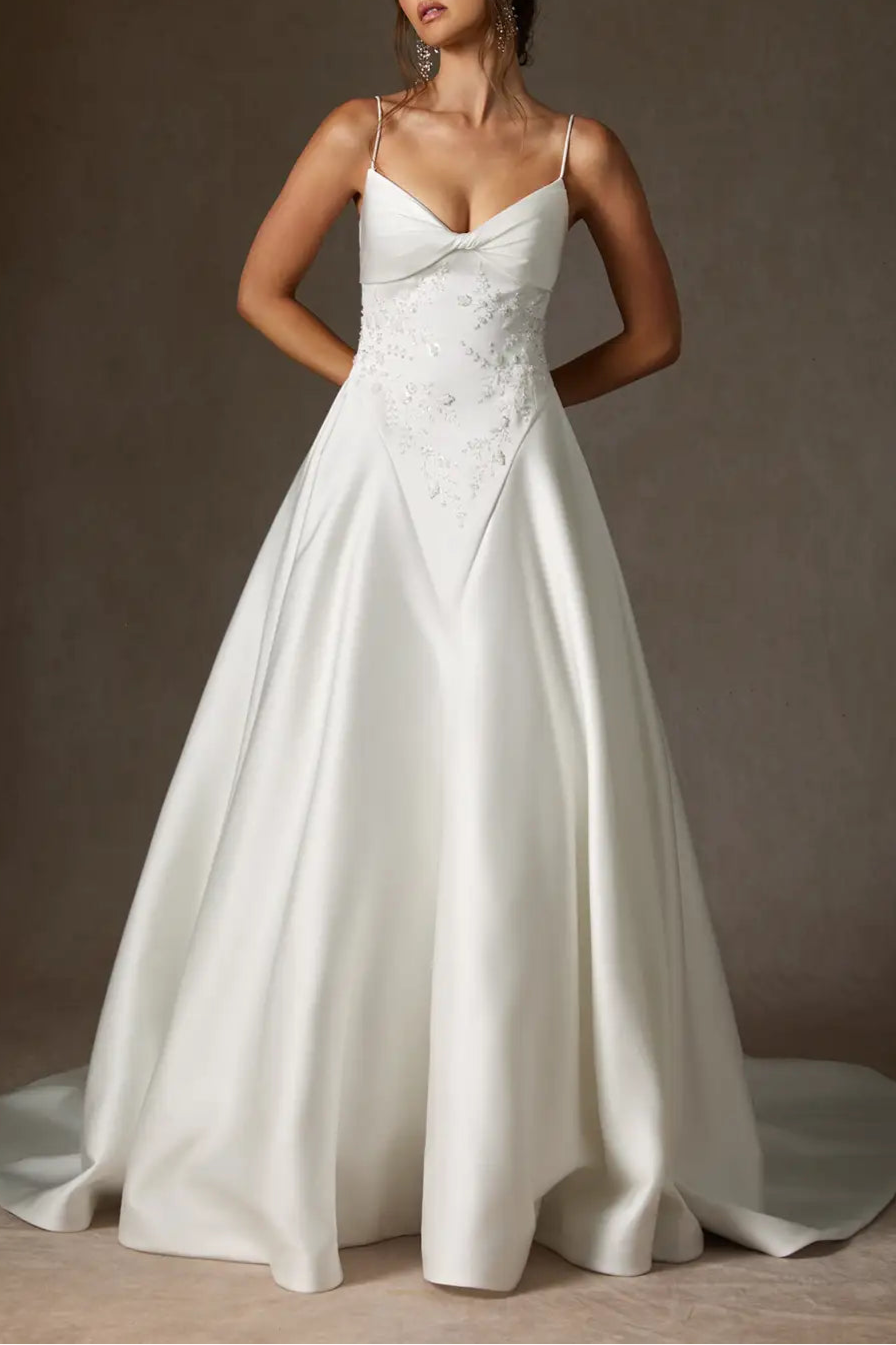 Diamond White V-Neck Spaghetti Straps Beaded Pleated A-Line Double Faced Satin Wedding Dress