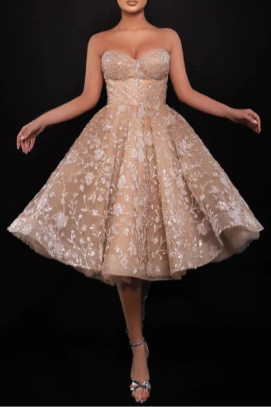 Discount A-Line Lace Sequins Sweetheart Sleeveless Beaded Appliques Tea-Length Prom Dress