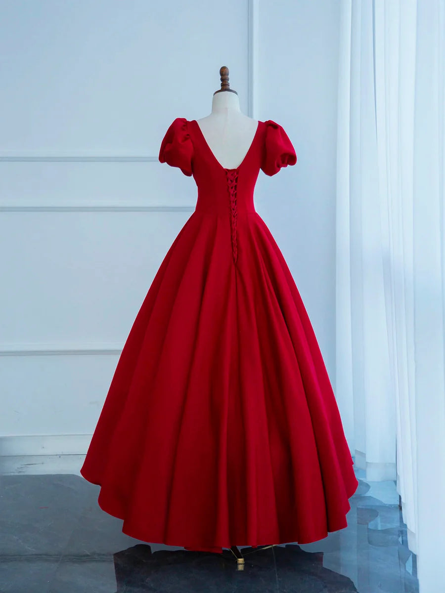 Discount A-Line Short Sleeve Pleated Satin Dark Red Floor Length Prom Dress