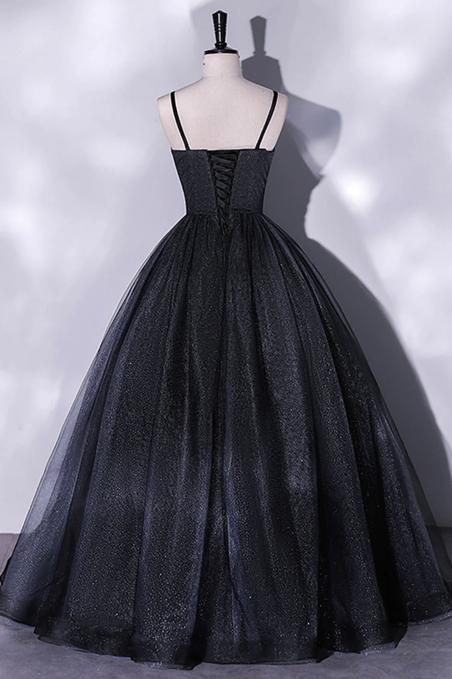 Discount A-Line Spaghetti Strap Tulle Black Long Prom Dress With Flowers Beaded