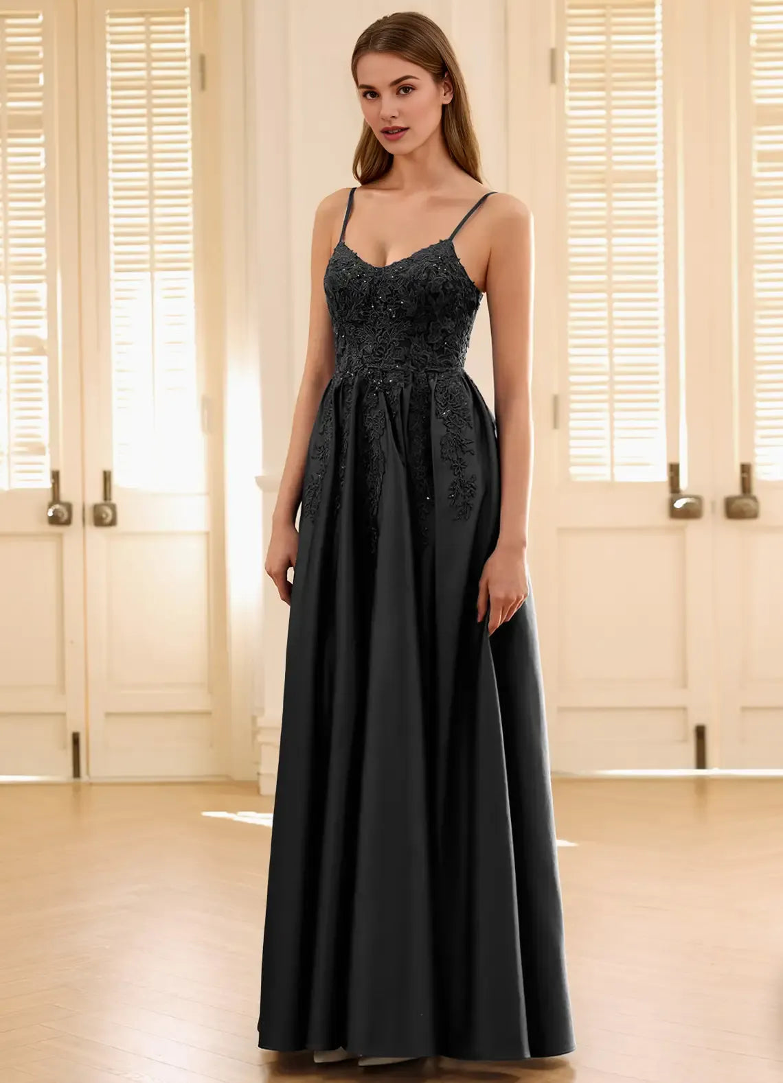 Discount A-Line Spaghetti Straps Beaded Applique Black Maxi Prom Dress
