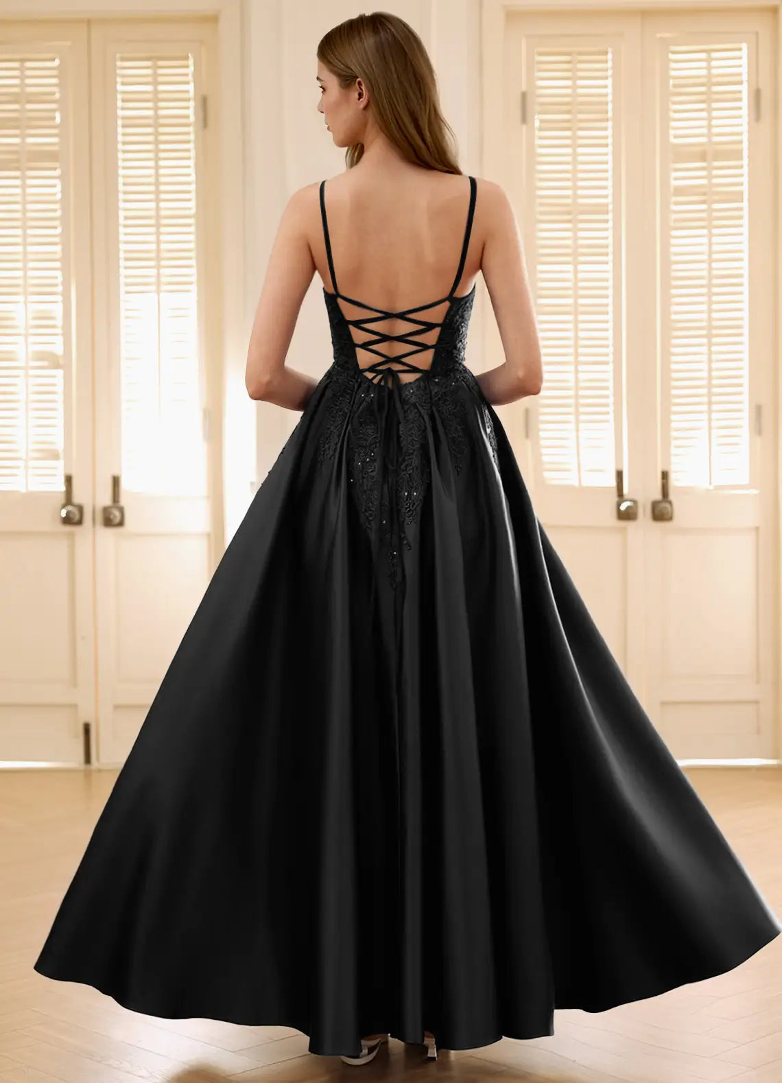 Discount A-Line Spaghetti Straps Beaded Applique Black Maxi Prom Dress