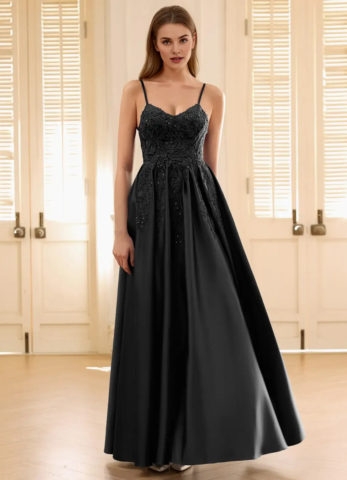 Discount A-Line Spaghetti Straps Beaded Applique Black Maxi Prom Dress
