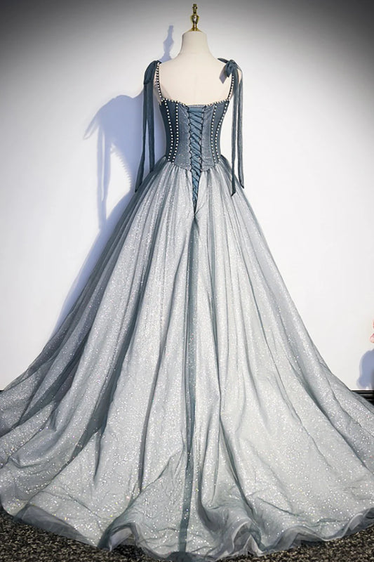 Discount A-Line Spaghetti Straps Sequins Tulle Gray Long Prom Dress With Beaded