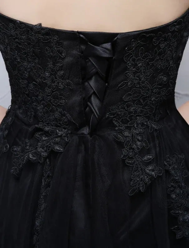 Discount A-Line Strapless Sheer Lace Black Floor-Length Prom Dress With Appliques