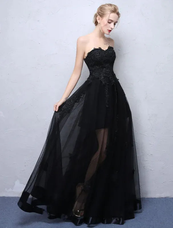 Discount A-Line Strapless Sheer Lace Black Floor-Length Prom Dress With Appliques