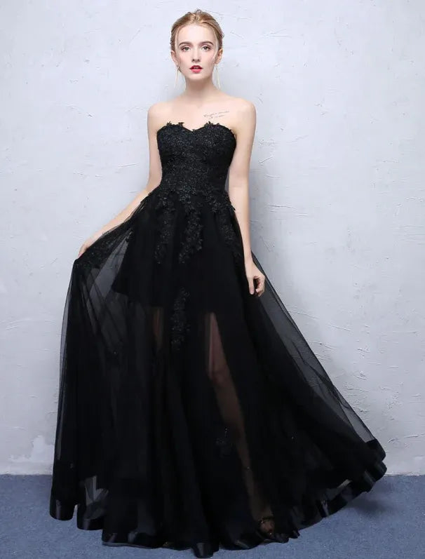Discount A-Line Strapless Sheer Lace Black Floor-Length Prom Dress With Appliques