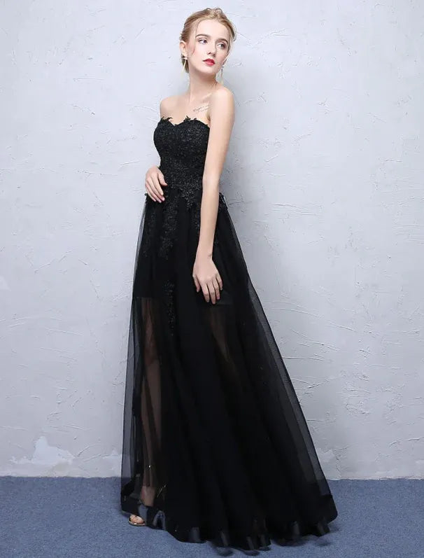 Discount A-Line Strapless Sheer Lace Black Floor-Length Prom Dress With Appliques