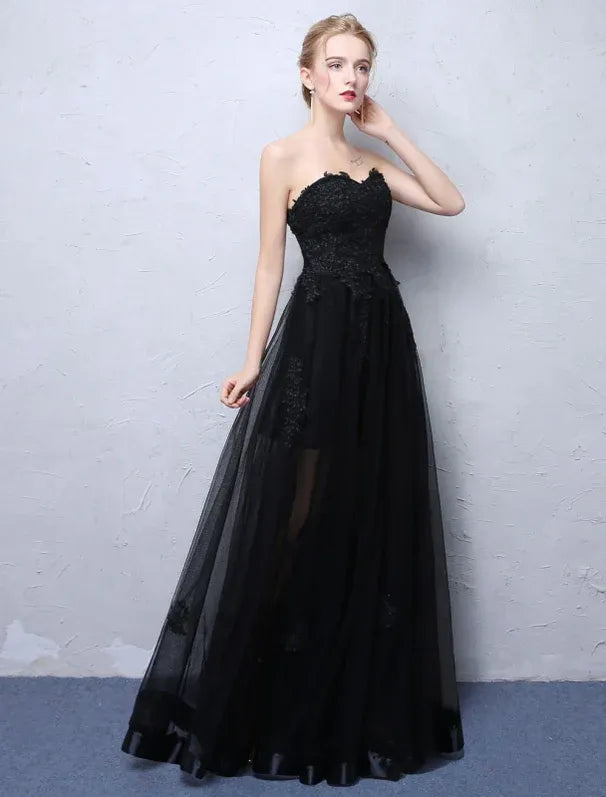 Discount A-Line Strapless Sheer Lace Black Floor-Length Prom Dress With Appliques