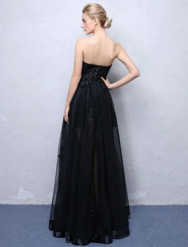 Discount A-Line Strapless Sheer Lace Black Floor-Length Prom Dress With Appliques