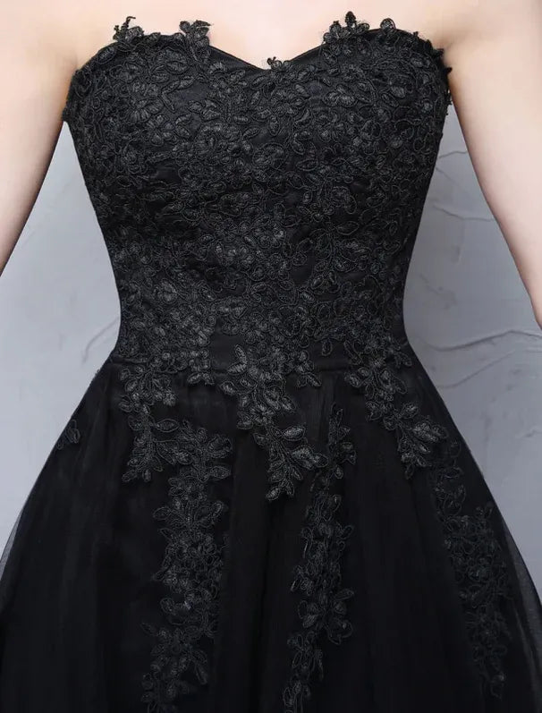 Discount A-Line Strapless Sheer Lace Black Floor-Length Prom Dress With Appliques
