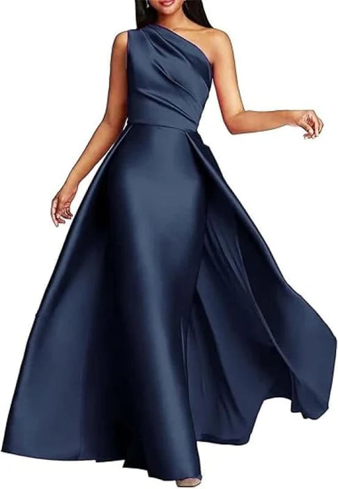 Discount A-Line Stylish Satin One-Shoulder Ruched Short Train Prom Dress Long Evening Gown